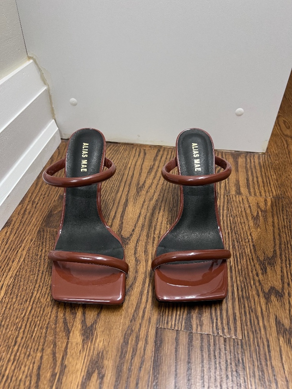 Alias Mae Brown Patent Strappy Heeled Mule Sandals